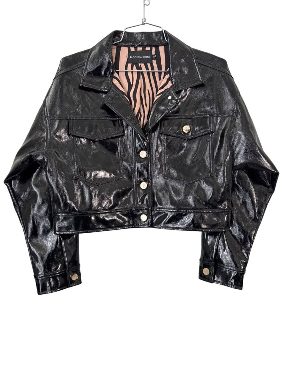 Jagger & Stone Cropped Jacket Size 6 Patent Tiger Embroidery Zebra Lining Punk